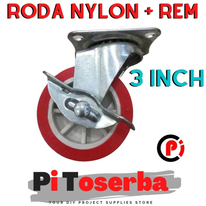 Roda Castor Nylon Plus Rem 3 Inch Caster Wheel Swivel Rak Lemari