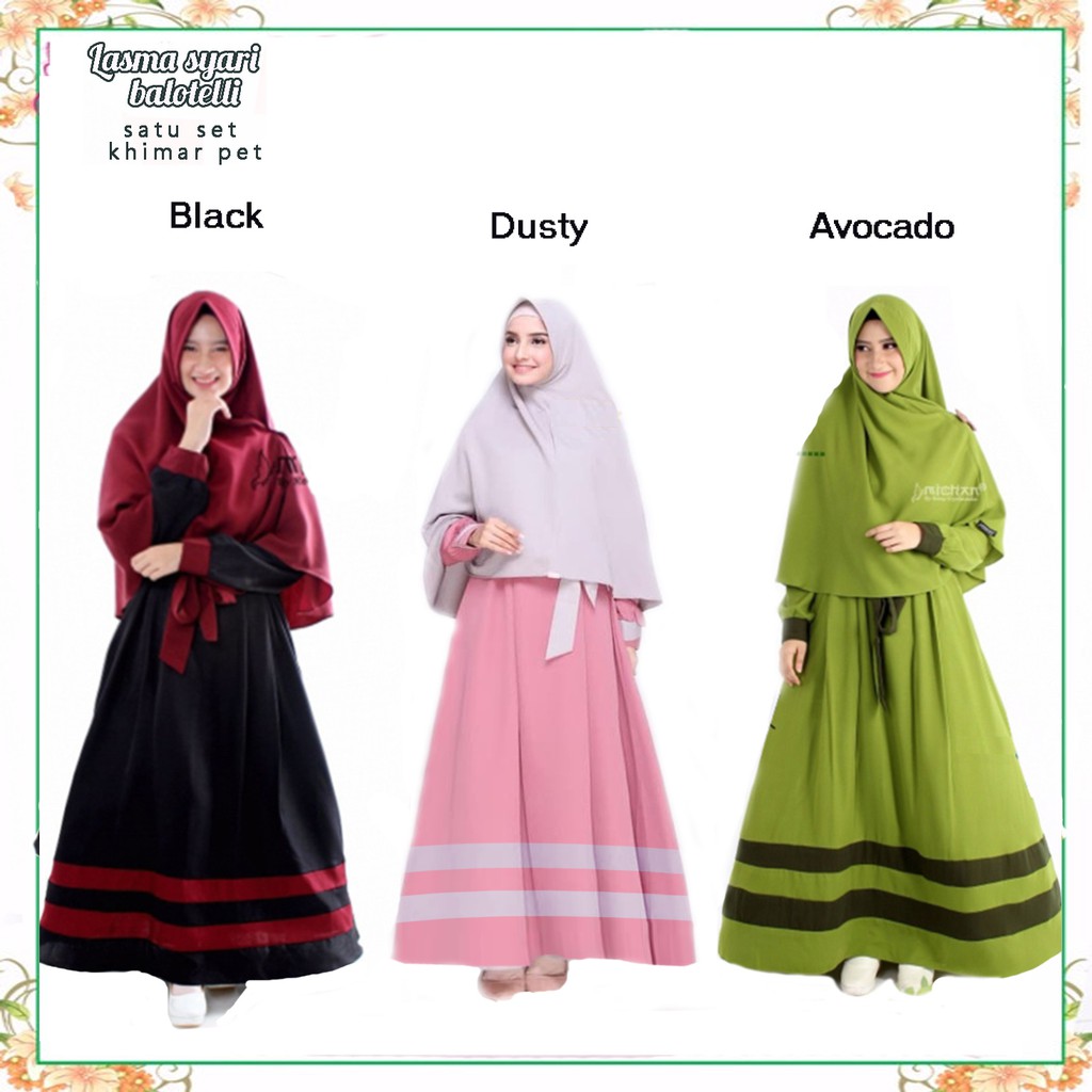 Dress set hijab NS007 Gamis Wanita Leisha Syari Motif Polos Strip Bawah