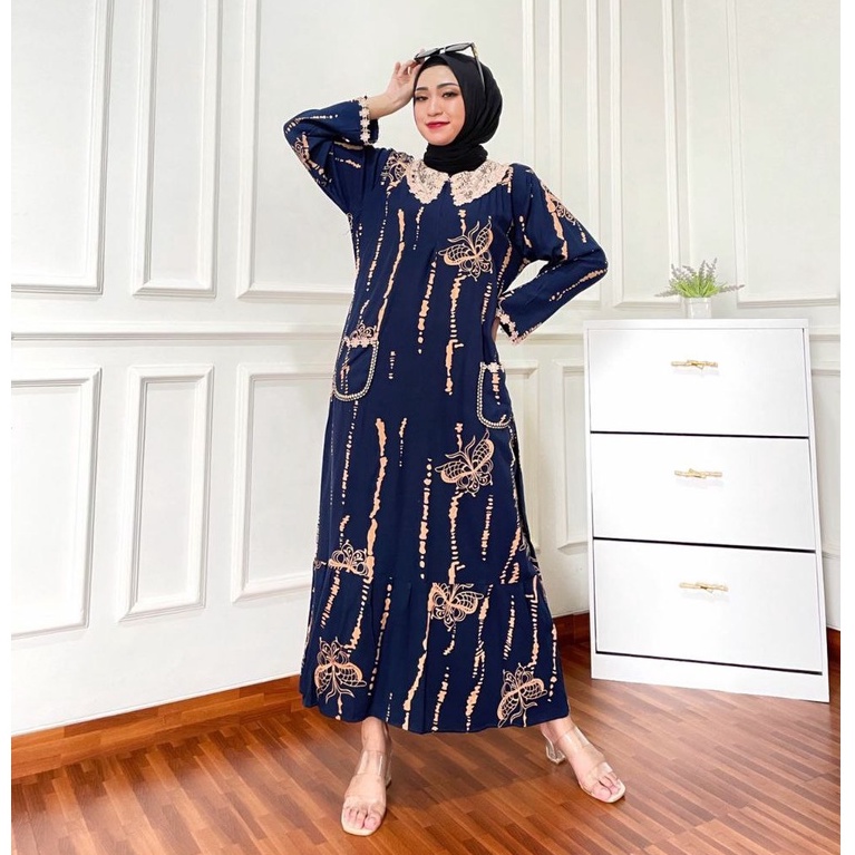 Daster Arab Kupu Rintik Longdress Wanita Dewasa Kekinian Terbaru 2021 2022 Bahan Rayon Lengan Panjang Ld 100 110 Model Arabian Renda Busui Resleting Motif Kupu Rintik Size L XL Murah Harga Grosir-Navy