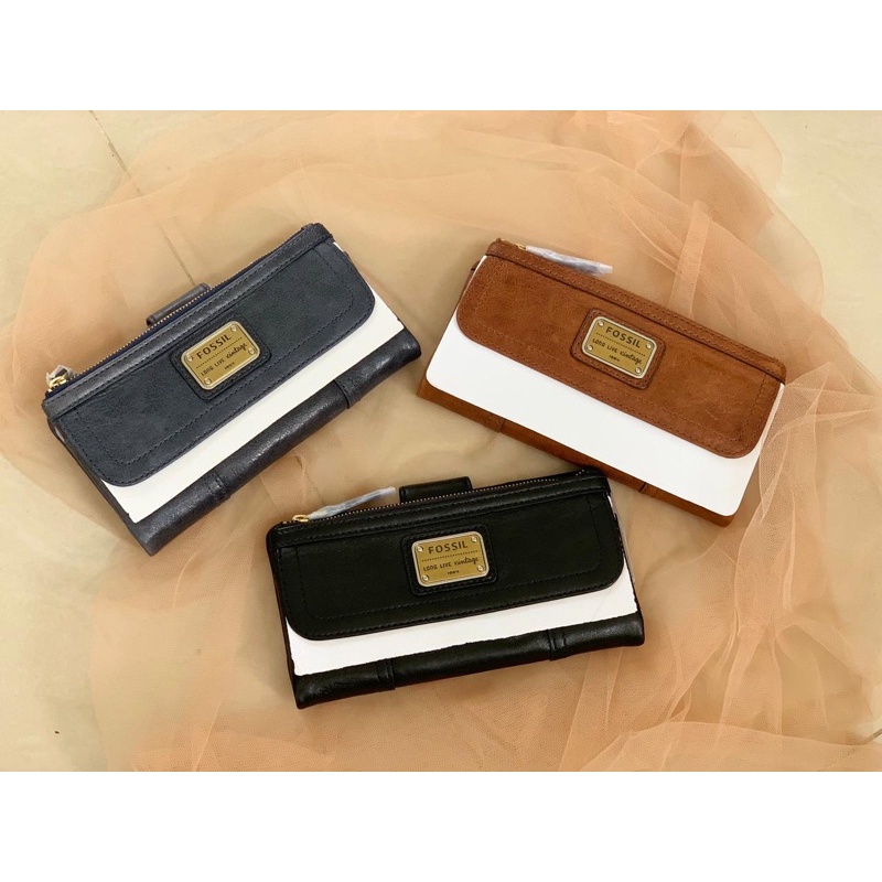 FOSSIL Emory Long Wallet Black / Tan (Coklat Muda) / Espresso (Dark Brown) - 100% Original Asli