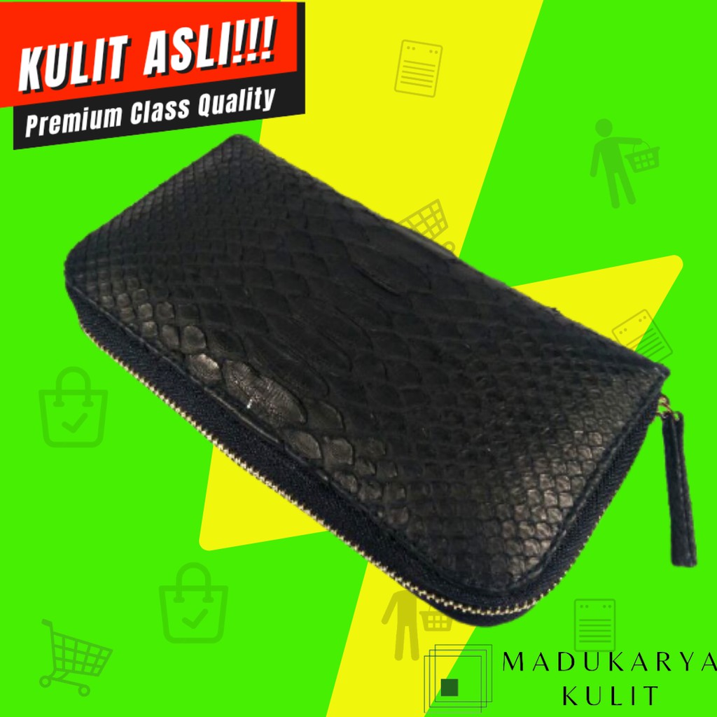 Dompet panjang Dompet wanita 100% Dompet kulit ular phython asli motif polos hitam