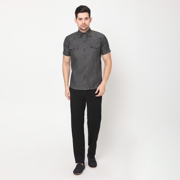Fashion Kemeja Denim Lengan Pendek Pria Model terbaru - Rizky - Hitam M Limited