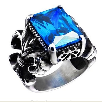 Cincin Pria The Crown Blue Stone Titanium Steel Ring Batu Biru