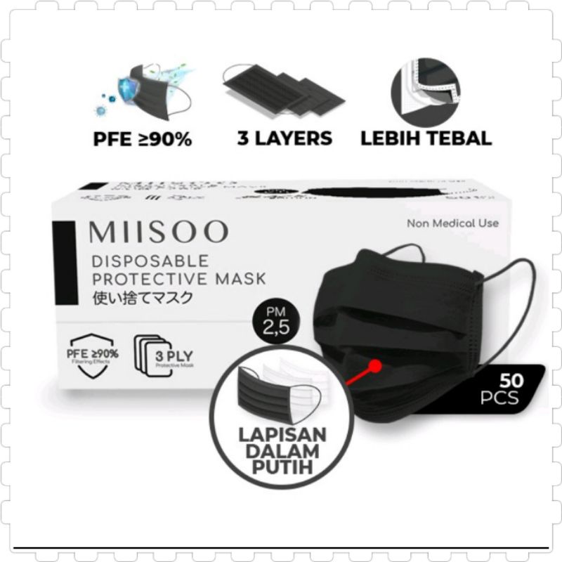 MASKER HITAM DISPOSABLE MASK 3 PLY ISI 50 LBR MERK MIISOO