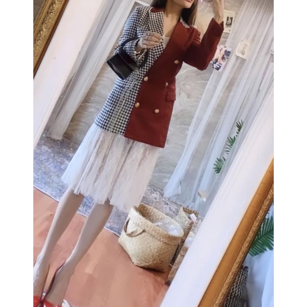 tweed set tag houndstooth blazer & lace skirt