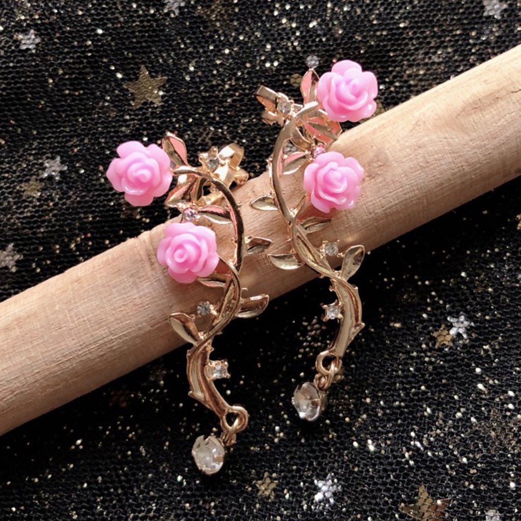 Hu Hu Hu Hu Hu Alat Bantu Pasang Kacamata♡ 1 Pasang Anting Klip Bentuk Bunga Mawar Aksen Berlian Imitasi Untuk Wanita