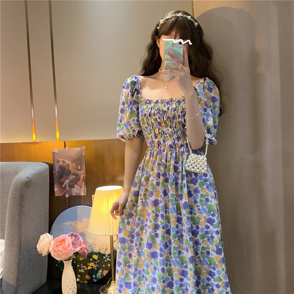 2022 New Fashion Korean Style Chiffon Floral Print Casual Midi Dress Pink Blue Summer Short Sleeve Sexy Off Shoulder Women Beach Bali Dresses 2023t