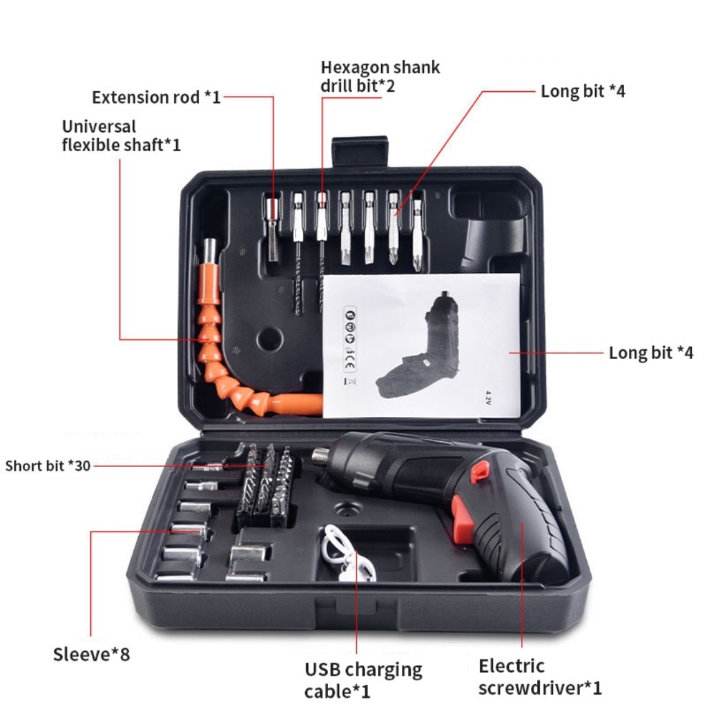 Mesin Bor Set 47pcs Reaim Cordless Screwdriver - Mini Mesin Bor Set 47pcs 4.2 V Rechargeable Portable