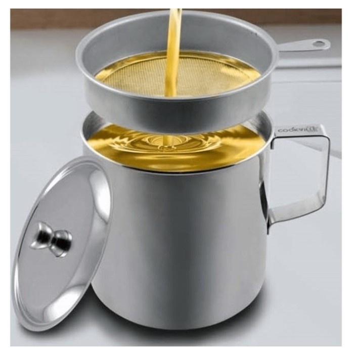 Wadah dan Saringan Minyak Goreng – AC 38 – Set Oil Pot Tempat Gelas teko Saringan Stainless Tirisan Penyaring Peniris Botol Minyak Goreng Bekas Gorengan jelantah  Spatula Set Halus perlengkapan dapur 1 2 liter sutil tahan panas