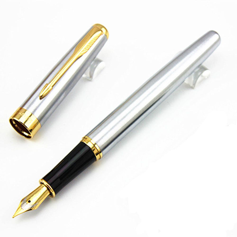 ELEGANT Classic Fountain Pen Medium Trim M Writing Supplies Silver Stainless Steel Business Golden Nib/Multicolor