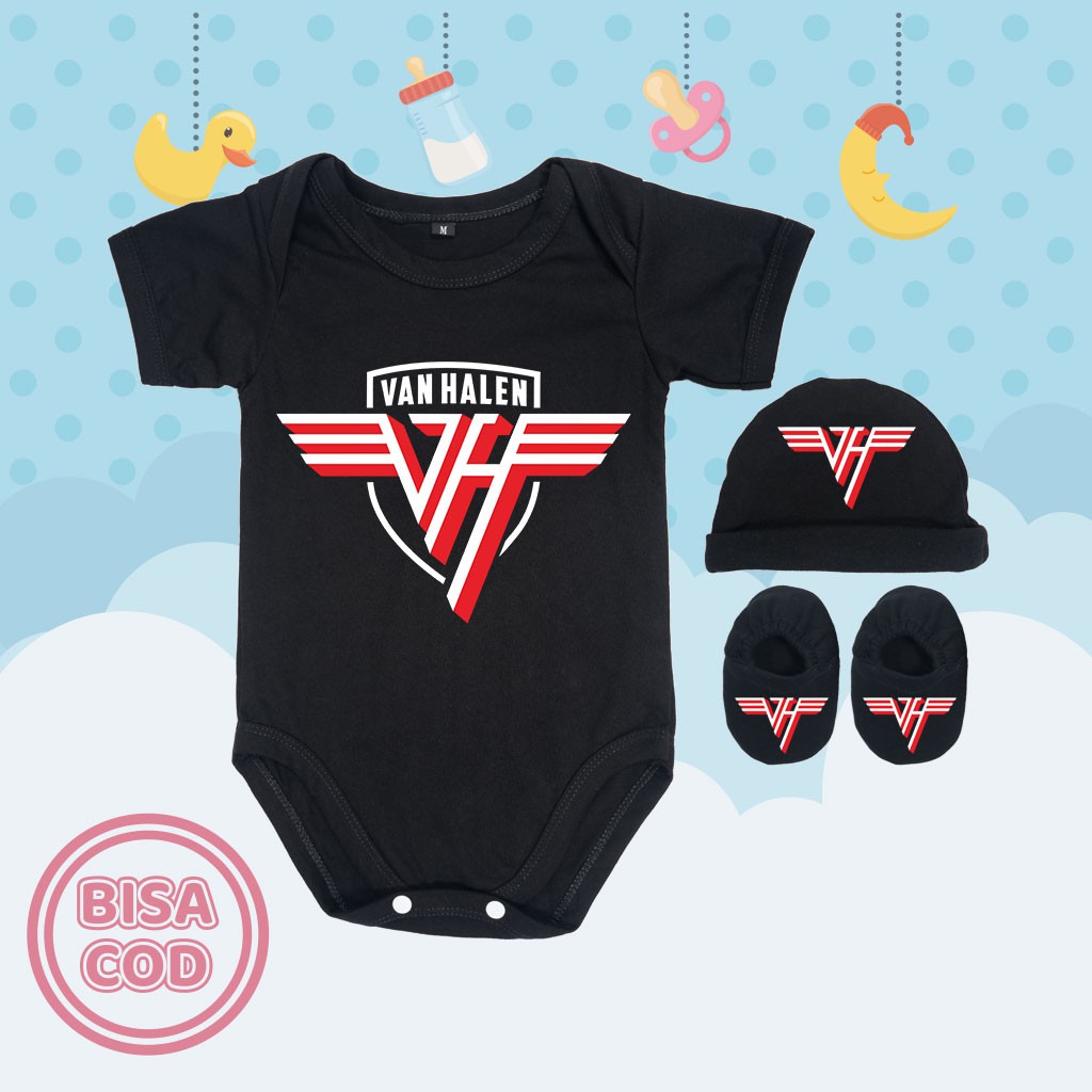 Baju Kodok Jumper Bayi Set Sepatu dan Topi Band Musik Hard Rock Van Halen