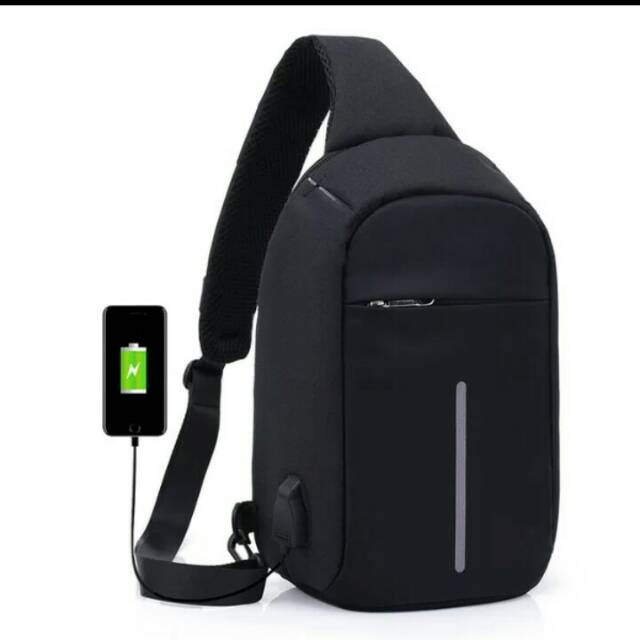 polo top tas sling bag pria tas fashion pria original - grey + usb portable
