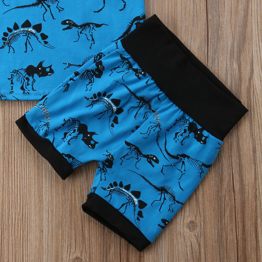 Set 2Pcs Kaos T Shirt Casual Tanpa Lengan Gambar Kartun Dinosaurus Warna Biru