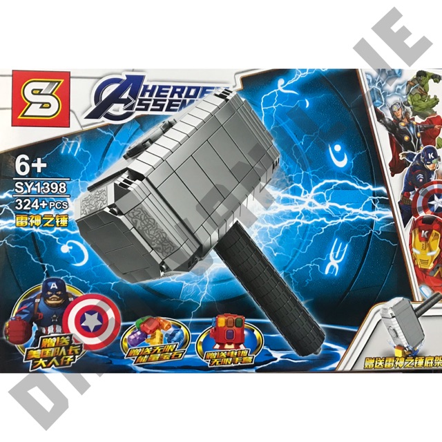 MAINAN ANAK SEMBO BLOCK SY1398 THOR WEAPON MJOLNIR ASSEMBLE HEROES SERIES 6 TAHUN KEATAS