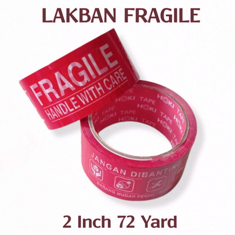 Lakban Fragile MERAH 2 Inch 72 Yard - Isolasi Solasi Anti Pecah Belah Stiker Jangan Dibanting