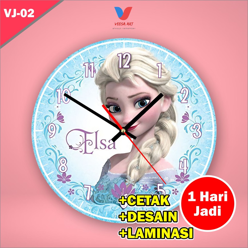 Jam dinding lucu unik Animasi Kartun Elsa Murah tembok Kamar Anak Frozen Wanita Cewek Tanpa Kaca Kay