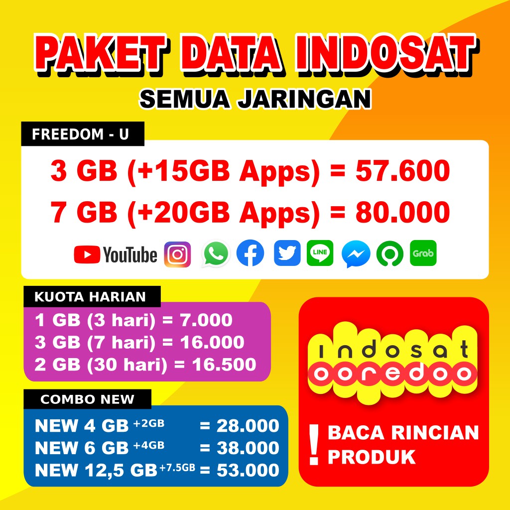 Jual PAKET DATA INDOSAT UNLIMITED, MINI, FREEDOM COMBO, ORIGINAL KUOTA