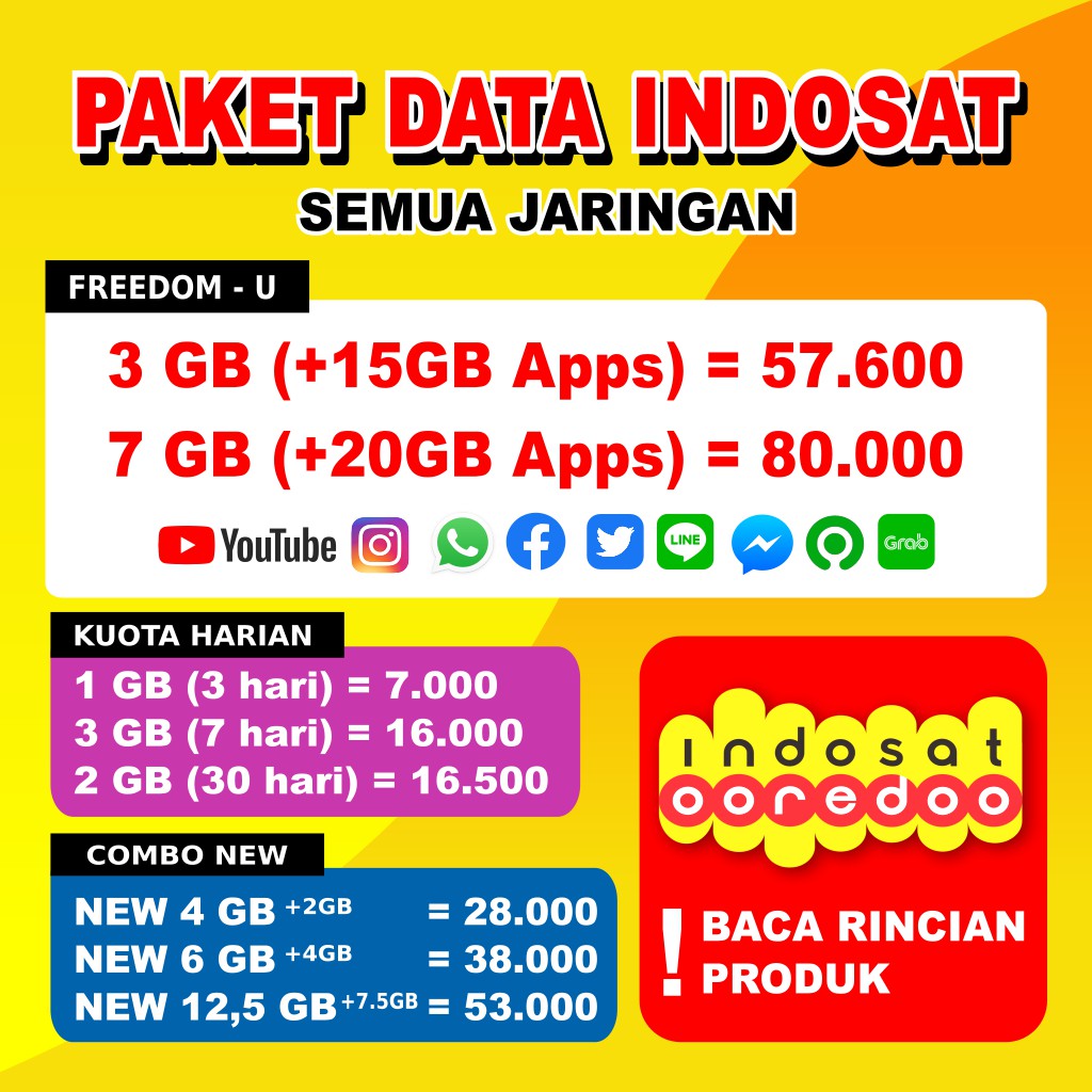 Jual PAKET DATA INDOSAT UNLIMITED, MINI, FREEDOM COMBO, ORIGINAL KUOTA