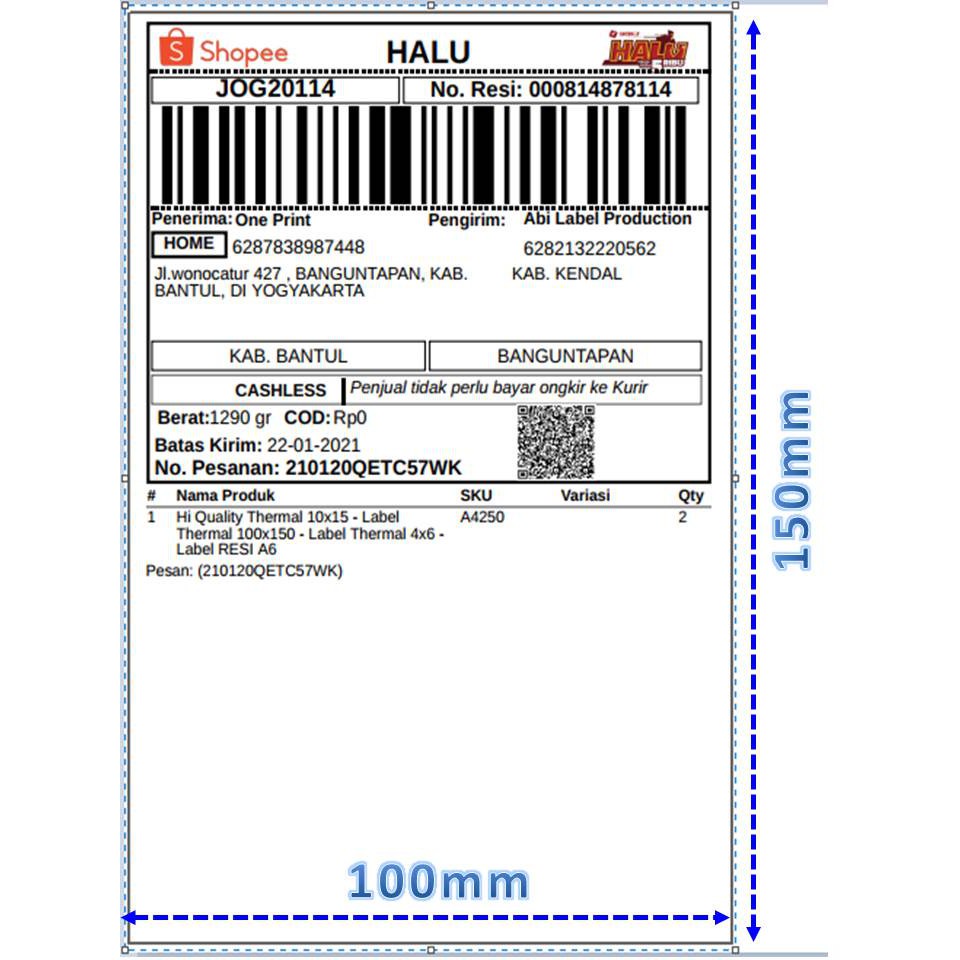 KERTAS THERMAL LABEL THERMAL 100X150MM CUTTING 300 PCS