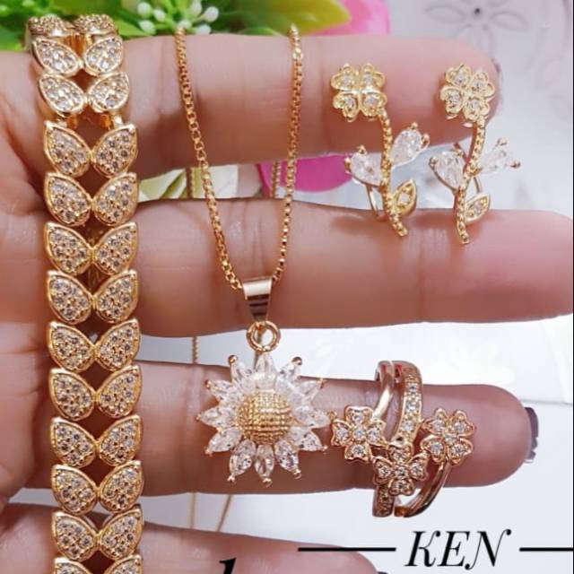 Xuping set gelang cincin kalung anting lapis emas 24k (anti iritasi dan tidak pudar) 2001