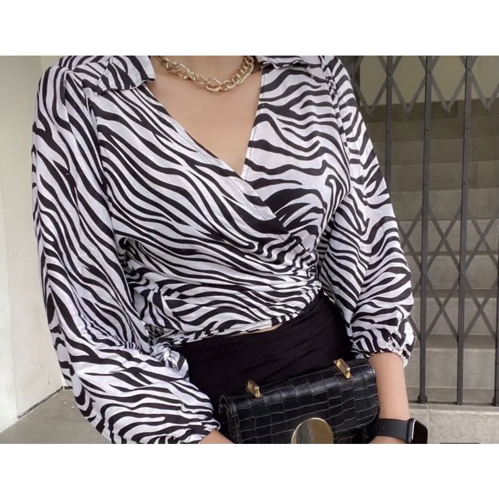 DISTA WRAP TOP MOTIF ZEBRA ATASAN KIMONO BLOUSE CROP TOP BAJU WANITA
