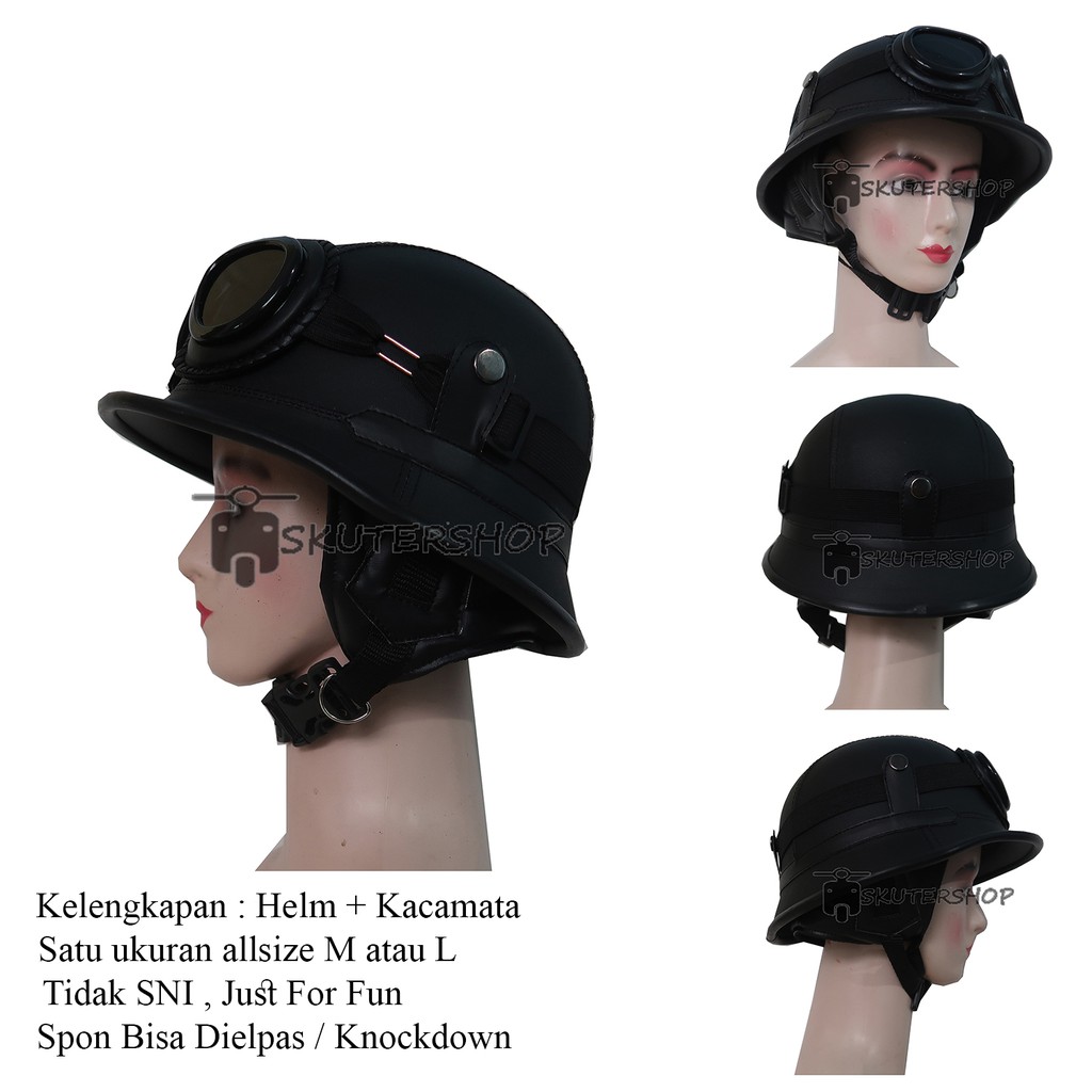 Helm Retro Klasik Perang Dunia Nazi Hitam + Goggle Kacamata Retro Vespa CB Honda Yamaha Scoopy Nmax 