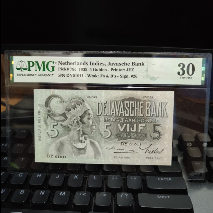 Uang Kuno 5 Gulden Wayang PMG De Javasche Bank Tanda Tangan Smith Seri