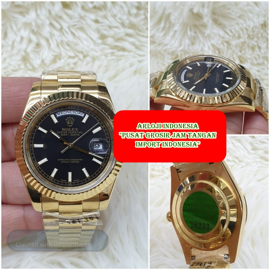 Mega Sale Jam Tangan Pria ROLEX DayDate President Gold Black2 Garansi 1th