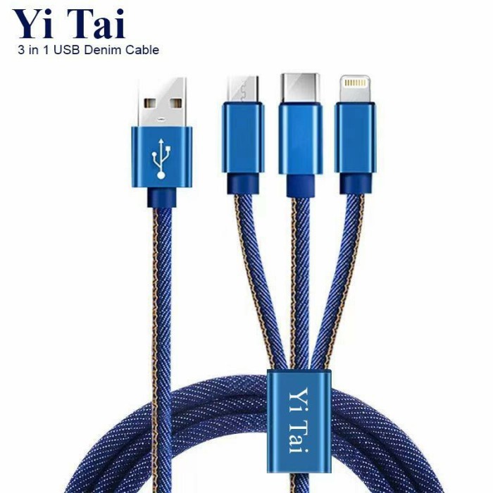 KABEL DATA DENIM 3IN1 MICRO USB TYPE C LIGHTNING FAST CHARGING - GA