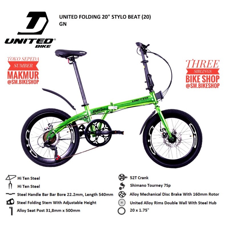 SEPEDA LIPAT UNITED STYLO BEAT 20 INCH METALIC GREEN