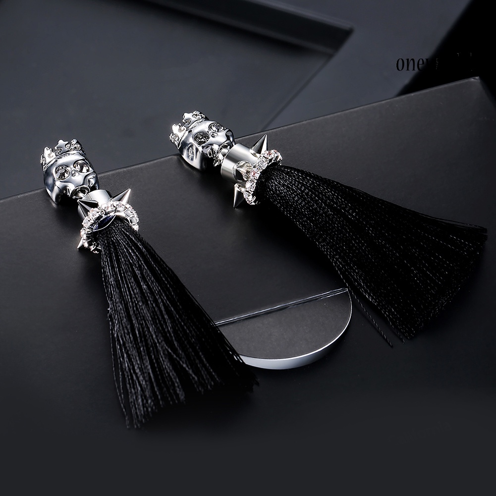 OW@ Women's Fashion Plated Alloy Zircon Skull Shape Tassels Dangle Earrings Jewelry