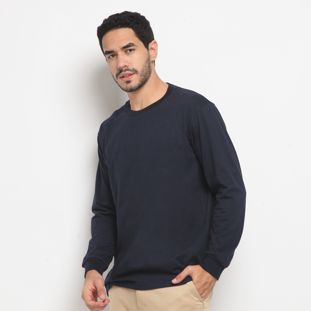 Kaos pria lengan panjang kombinasi karet rib Biru Navy - Kadeo KLS01