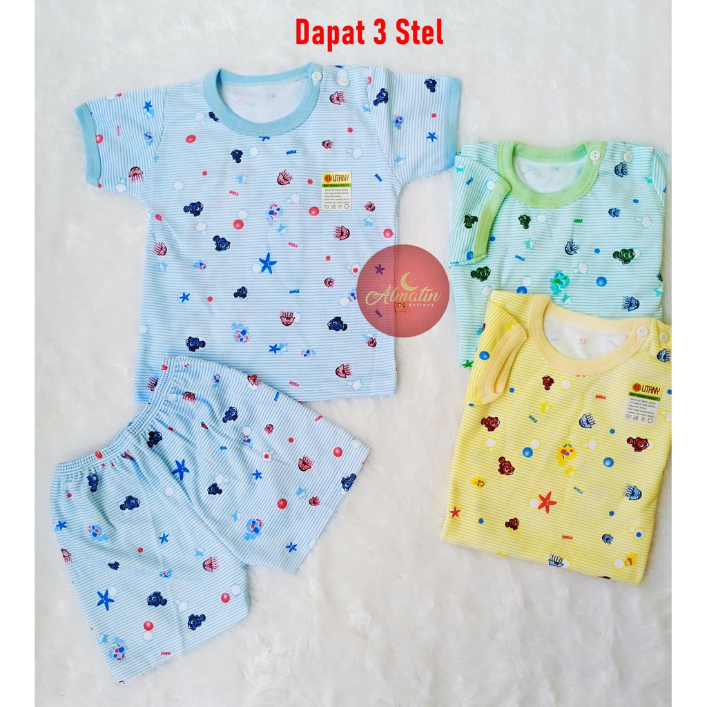 Setelan Baju Bayi Pendek 3 pcs / Baju Bayi 3 Stel Kancing Pundak / Baju Bayi 0-12 Bulan