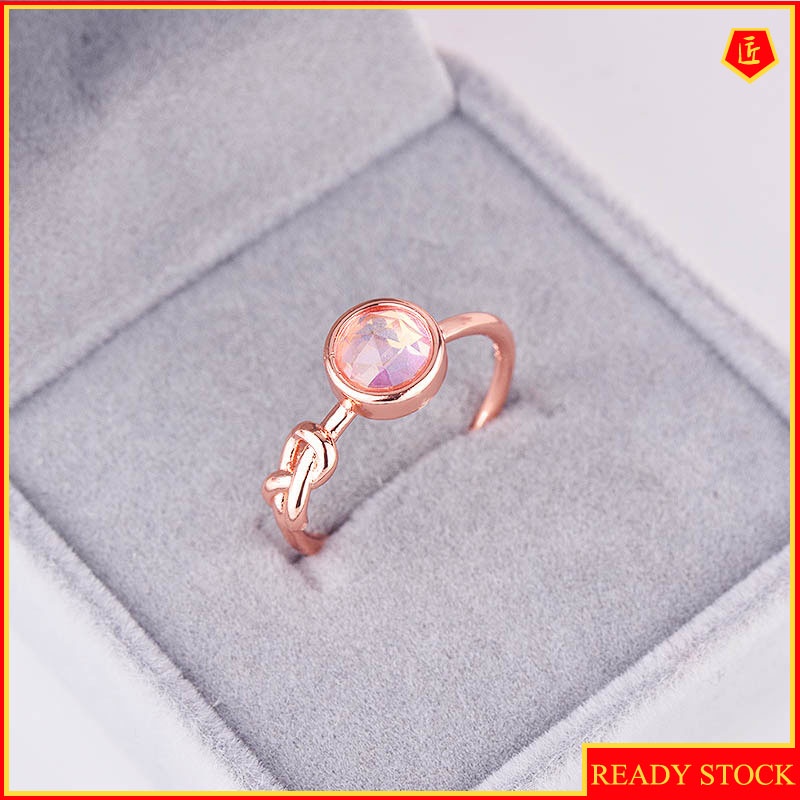 [Ready Stock]Creative Knotted Pink Crystal Moonstone Ring Female 18K Rose Gold