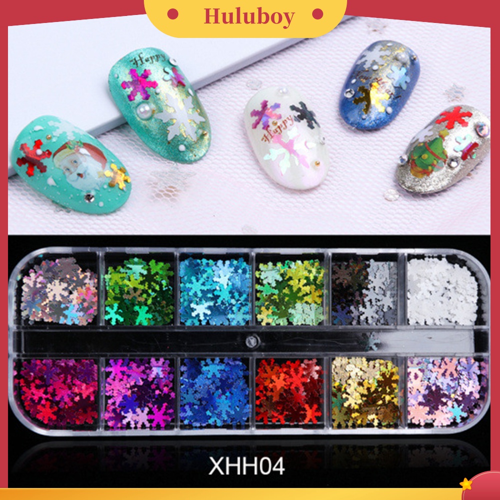 Huluboy Huluboy♡ 12 Sekat Payet Glitter Snowflake 3D Multi Warna Untuk Dekorasi Nail Art