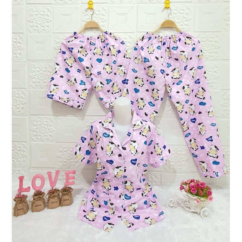Baju tidur wanita piyama 3in1 Katun motif sapi