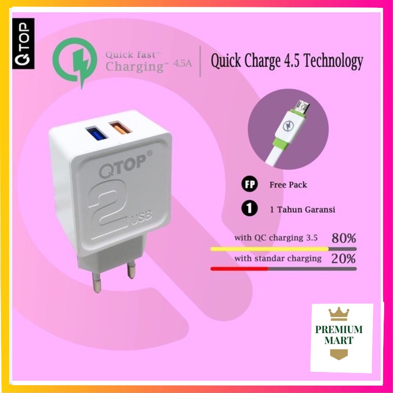 QTOP Adaptor Charger 2 USB Qualcomm 3.0 with Cable Fast charge [GARANSI 1TAHUN]