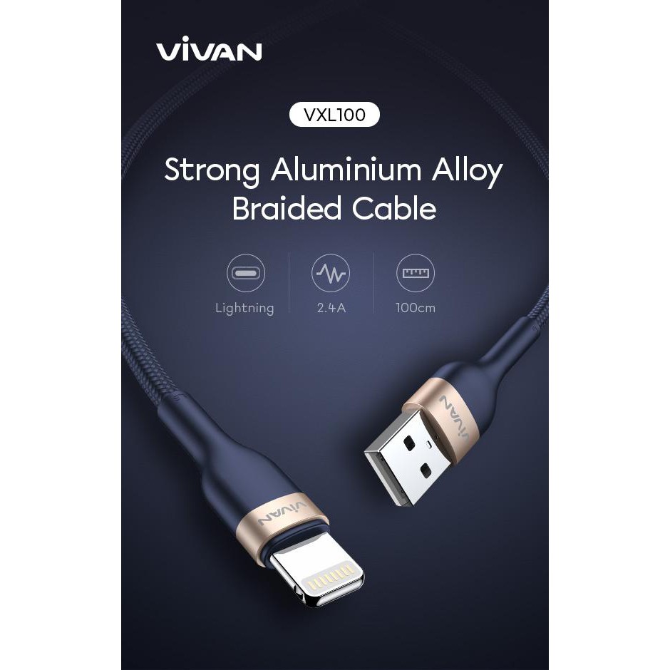 Vivan VXL100 2.4A Strong Aluminium Alloy Smart Protection Lightning Braided Data Cable iPhone