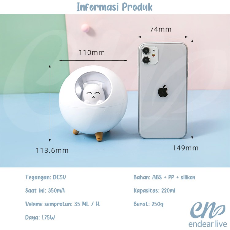 [endear]100% ORI anak kucing Humidifier 220ML Essential Oil Diffuser Aroma Terapi Pengharum Ruangan-5