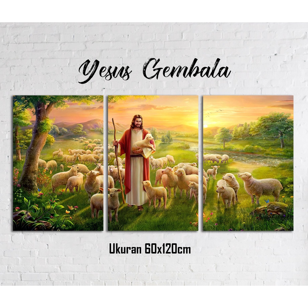 1 set extra jumbo lukisan printing yesus gembala rangka spanram hiasan dinding kristen / katolik