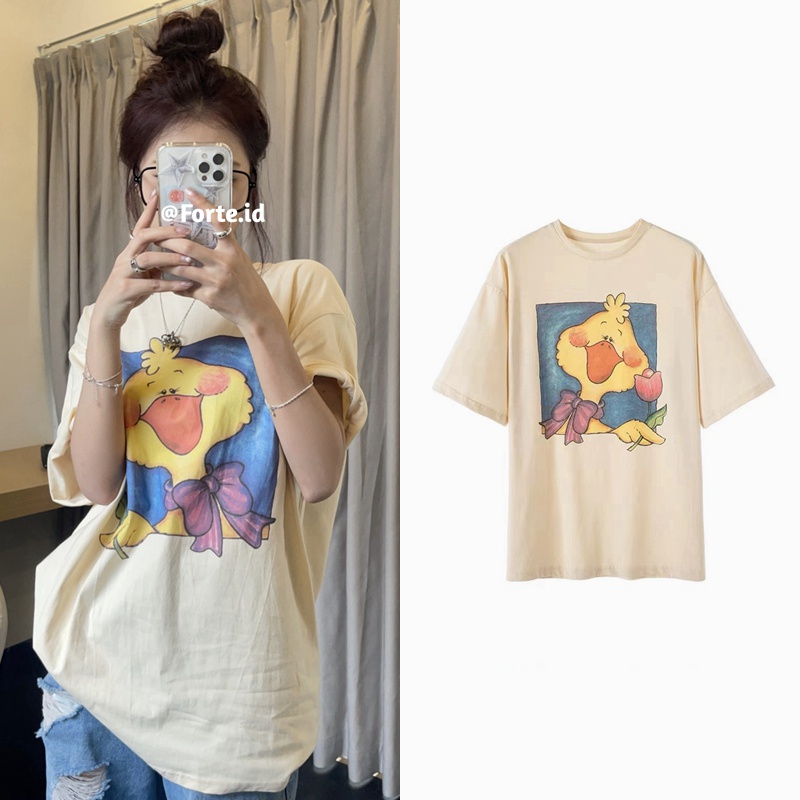 [100%  Katun]Yellow Duck Cartoon Kaos Cream Atasan Wanita Lengan Pendek Oversize Printed T-shirt Baju Wanita Kekinian Korean Style