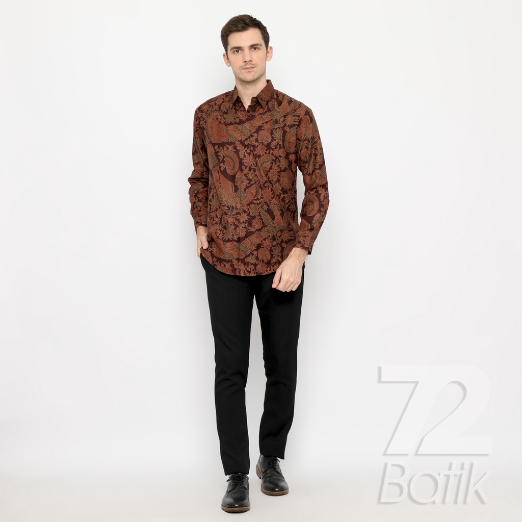 BATIK PRIA LENGAN PANJANG Kemeja Hem Slimfit Premium Motif Merak Warna Maroon Coklat 721091 CAP 72 - Baju Kemeja Atasan Pakaian Setelan Batik Pria Cowok Laki Laki Remaja Keluarga Kantor Lengan Panjang Modern Slimfit Slim Fit Premium Kekinian