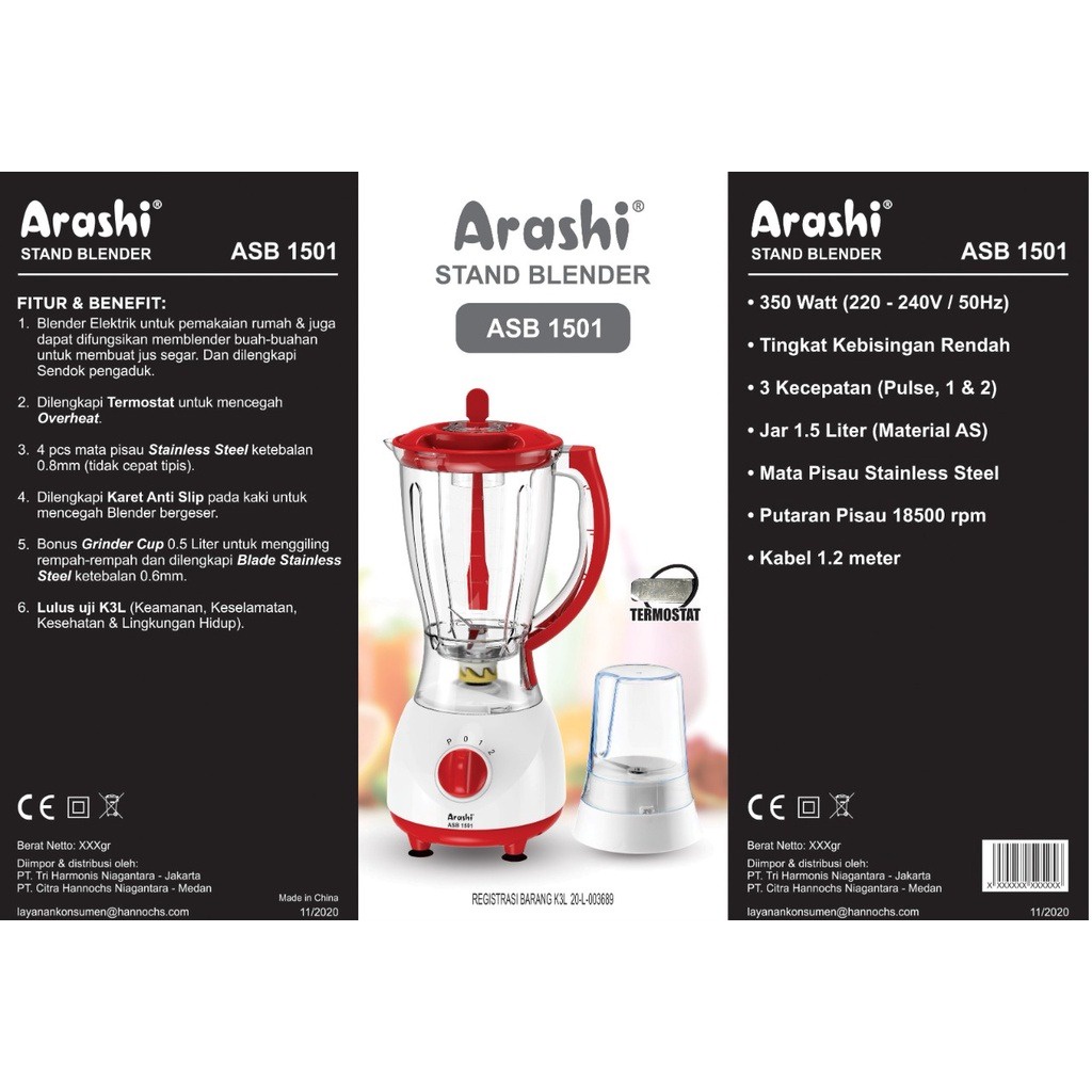 Arashi Stand Blender ASB 1501 Pelumat/ Jar Plastik/ 3 Mode Kecepatan