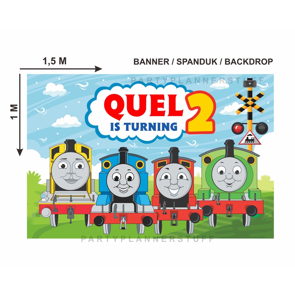 Spanduk / banner / backdrop ulang tahun anak tema kereta thomas changington and friends custom tulis