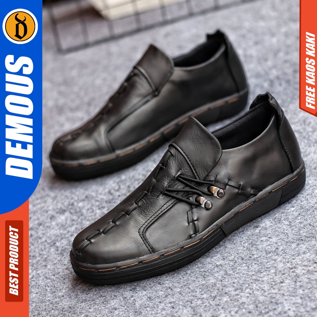 Sepatu Sneakers Pria Sepatu Casual Pria Kulit Asli Sepatu Kerja Kuliah Kondangan Sepatu Hitam Pria DEMOUS JACK