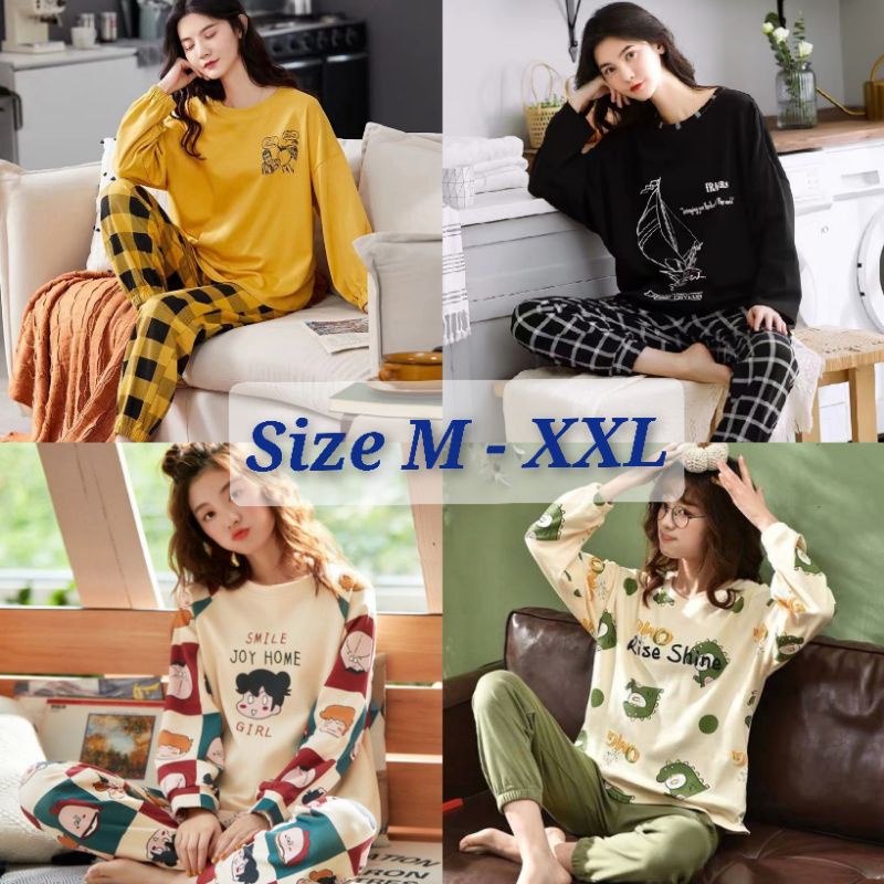 Set Piyama Wanita Baju Tidur Wanita Lengan Panjang Baju Tidur Joger Motif Kartun Lucu KR1002 PPJ Jog