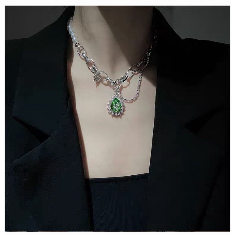 Green Rhinestone Pearl Necklace Accessories Hip Hop Clavicle Chain