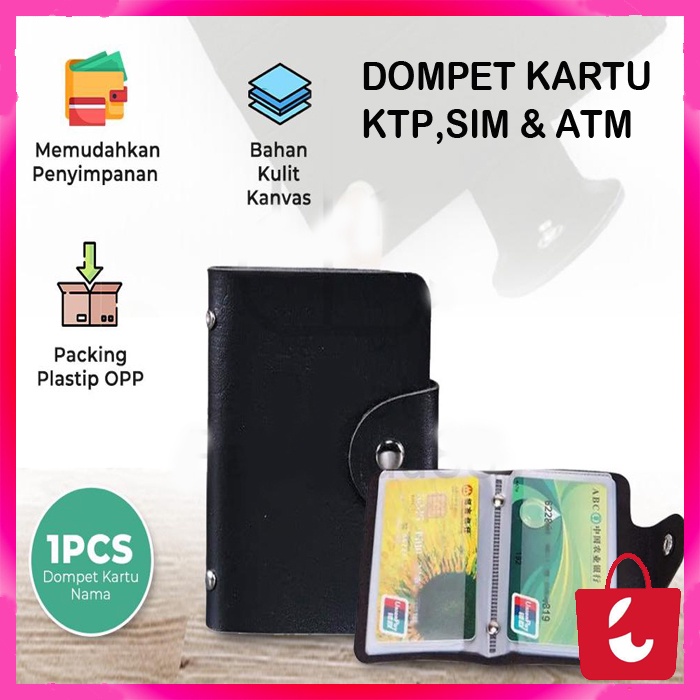 Dompet kartu KTP SIM &amp; ATM Nama Pria Wanita kulit 12 slot cewek cowok card holder at - Hitam