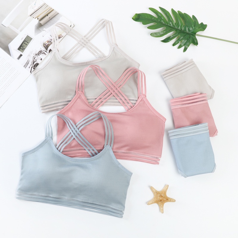 HUES.ID Bra Set Wanita Bahan Lembut Model Tali Silang 1058