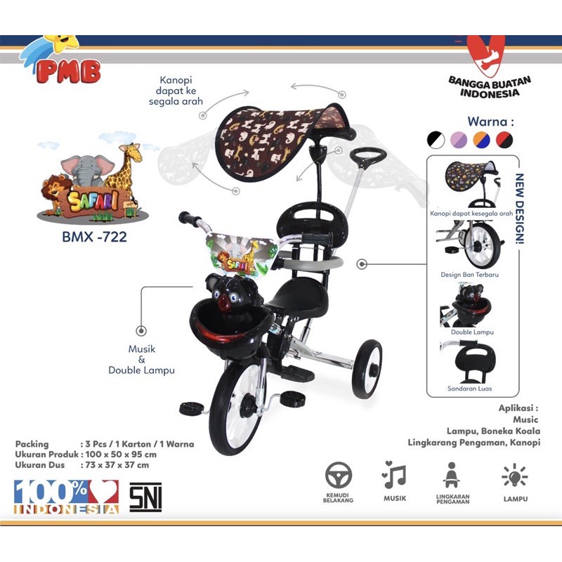 Sepeda Roda Tiga Anak BMX Tricycle PMB 722 Sandaran Stick Musik Kanopi